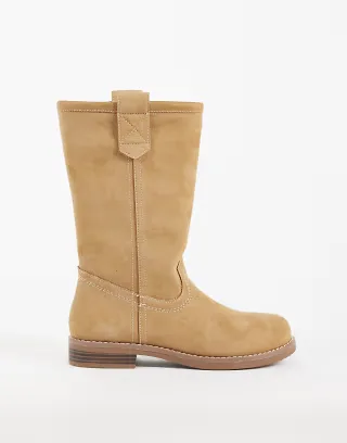 ASOS DESIGN Clementine pull-on trucker knee boots in sand suedette