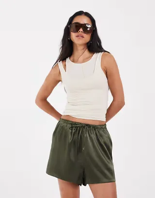 ASOS DESIGN Tailored runner shorts in satin in khaki