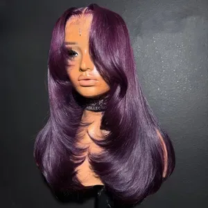 13X4 Dark Purple Human Hair Wig Straight Lace Front Wigs HD Layered Cut Lace Frontal Wig Synthetic Pre Plucked Glueless