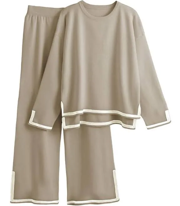 Faleave Women's 2-Piece Knit Set Featuring Long-Sleeved Sweater and Wide-Leg Sweatpants