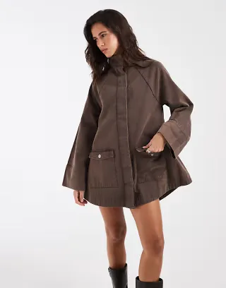 ASOS DESIGN oversized twill funnel neck mini dress with pockets in washed chocolate