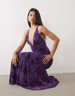 ASOS DESIGN plunge flocked floral mesh maxi fishtail dress in electric purple
