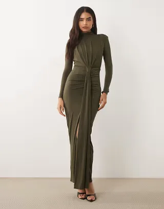 TFNC slinky shoulder pad draped front maxi dress in khaki