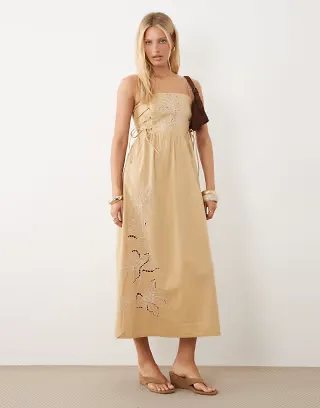River Island tie side floral embroidered midi dress in stone