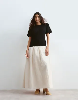 ARRANGE drop waist T-shirt maxi dress with fringe skirt in black and cream