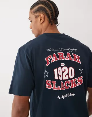 Farah Caligo graphic logo T-shirt with back print in navy