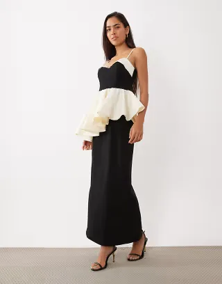 ASOS LUXE structured contrast maxi dress with peplum detail in black and off white