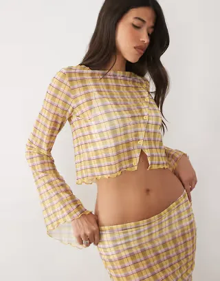 ASOS DESIGN printed mesh angel sleeve button up top in plaid - part of a set