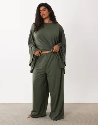 ASOS DESIGN Curve wide leg pants in khaki - part of a set