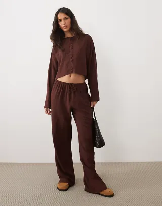ASOS DESIGN linen blend mandarin style blouse in brown - part of a set