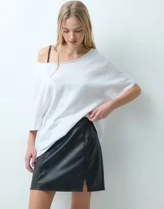 Vila faux leather notch detail mini skirt in black