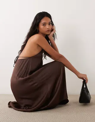 ASOS DESIGN halterneck midi dress with high-low hem in chocolate brown