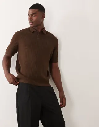 ASOS DESIGN Essential oversized fine-knit polo in brown