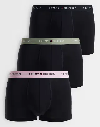 Tommy Hilfiger Signature Cotton 3 pack trunks in black with khaki/pink/black waistbands