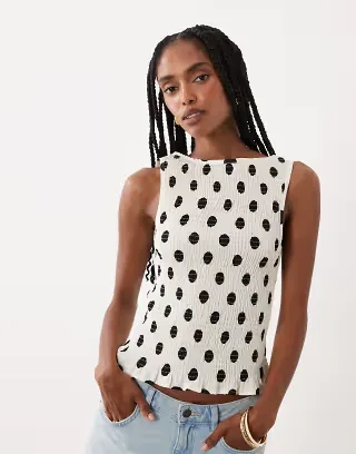 ASOS DESIGN linen look shirred tank top in polka dots