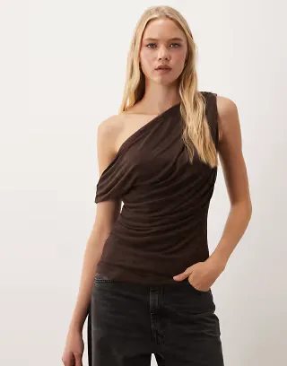 VILA off the shoulder ruched mesh top in chocolate brown
