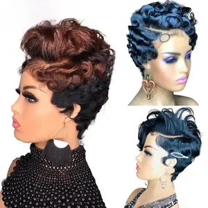 Lace Front Ombre Blonde Short Curly Bob Pixie Cut Full Machine-Made Human Hair Wig with Bangs for Women