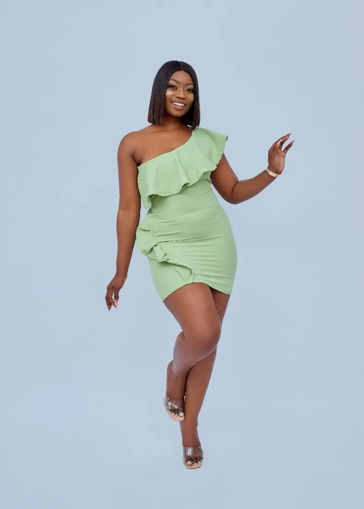 ONE SHOULDER SIDE FRILL DRESS