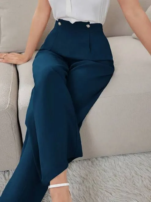 Modelyn Blue Solid Color Cargo Wide Leg Pants Women's Slacks Trousers High Waist Loose Fit Woven Fabric Elegant Casual D
