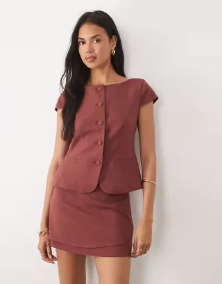 ASOS DESIGN cap sleeve tailored top in brown