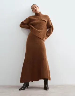 ARRANGE alpaca sweater with pocket and knit skirt set in chocolate