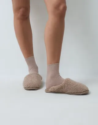 ASOS DESIGN Zaria closed toe slippers in taupe teddy