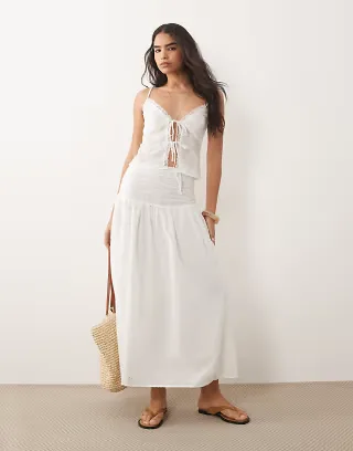 The Frolic exclusive cotton broderie shirred drop waist maxi skirt in white