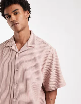 ASOS DESIGN oversized revere plisse shirt in dusty pink