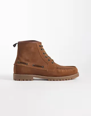 ASOS DESIGN lace up apron boots with lace detailing in tan suede