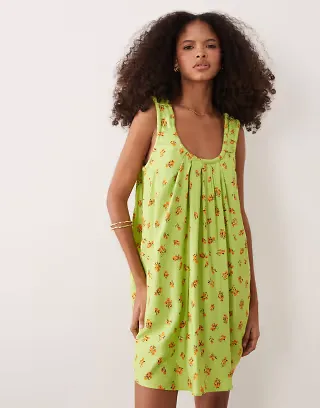 ASOS DESIGN ruched neck mini sundress in green floral print performance fabric
