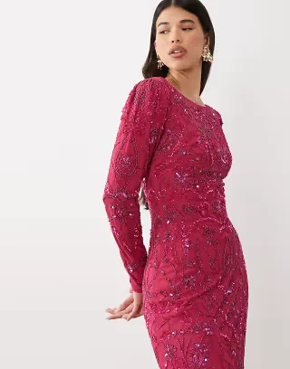 Beauut fully embellished beaded mesh overlay slash neck maxi dress in pink
