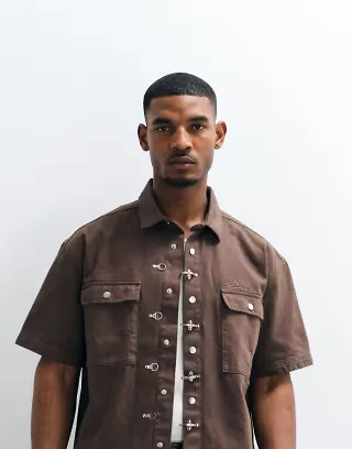 Liquor N Poker fireman clasp detail denim shirt in brown