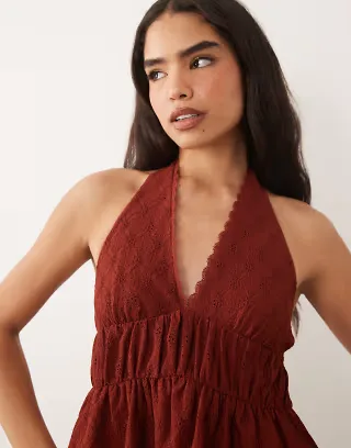 ASOS DESIGN broderie halter neck top with lace trim in rust