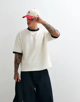 ASOS DESIGN heavyweight boxy oversized ringer T-shirt in cream terrycloth