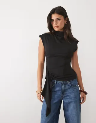 Nobody's Child jersey high neck cap sleeve tie detail top in black