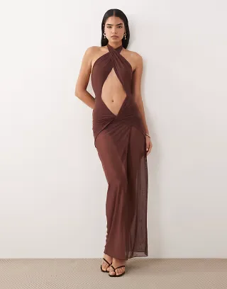 Oh Polly cross over halterneck cut out detail mesh skirt maxi dress in chocolate