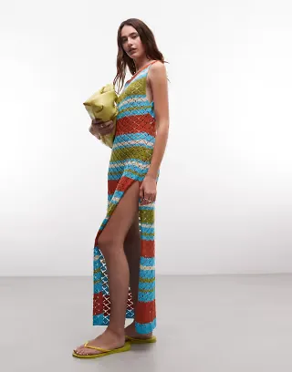 Reclaimed Vintage crochet knit beach maxi dress in multi stripes