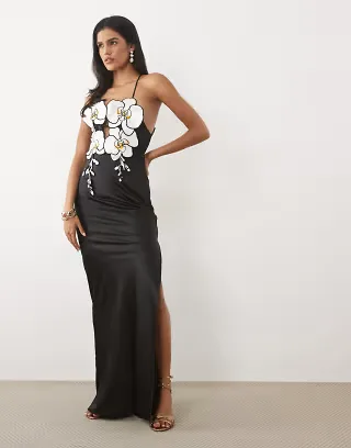 JW PEI 3D orchid embroidered halterneck maxi dress in black