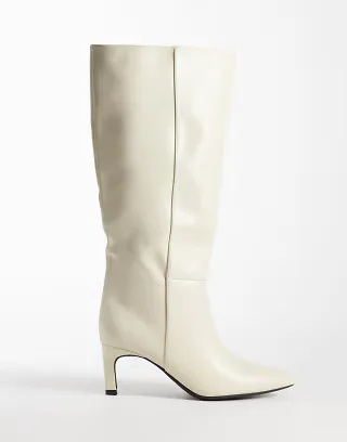 SEQWL Wide Fit Benz knee high kitten heel boots in cream