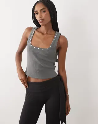 ASOS DESIGN stud trim racer back tank top in washed charcoal