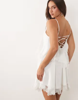 Fashionkilla exclusive lace trim ruffle tiered lace up back detail mini dress in white