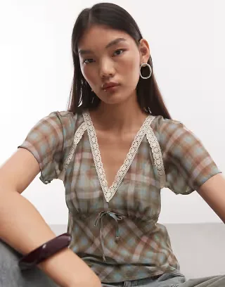 Reclaimed Vintage dressy chiffon top in plaid print