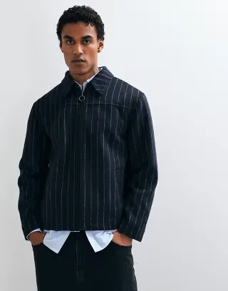 ASOS DESIGN zip through wool look jacket in pinstripe in black