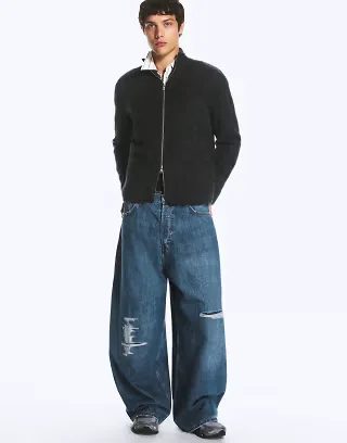 Weekday wide leg baggy jeans with drop crotch and distressed detail in blue