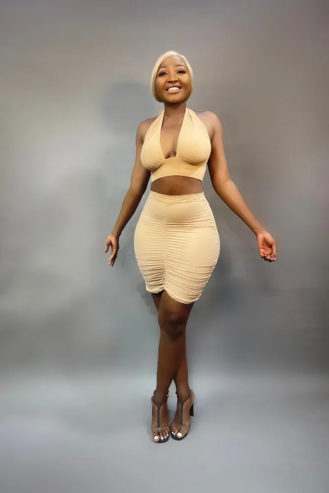 HALTER NECK CROP TOP AND RUCHED SKIRT SET
