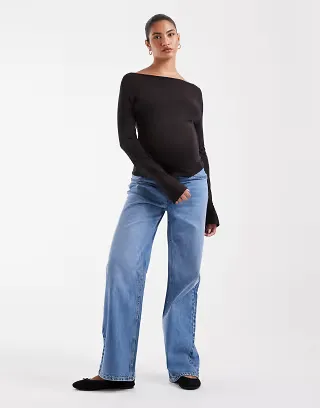 ASOS DESIGN Maternity straight wide leg jeans in mid wash blue