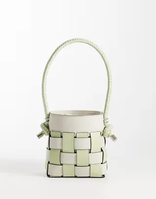 ASOS DESIGN woven bucket shoulder bag in two tone sage & cream
