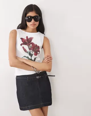ASOS DESIGN slash neck tank top with hotfix flower graphic in white and dark pink
