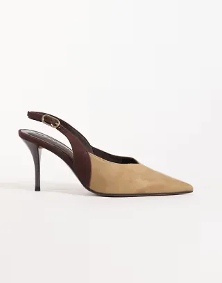 ASOS DESIGN Serena slingback stiletto heels in sand and chocolate