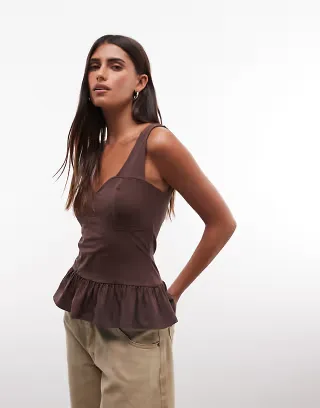 ASOS DESIGN seam detail tank top with peplum hem in choc